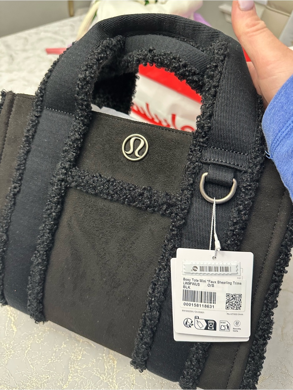lululemon Black Boxy Mini Tote with Shearling Trim